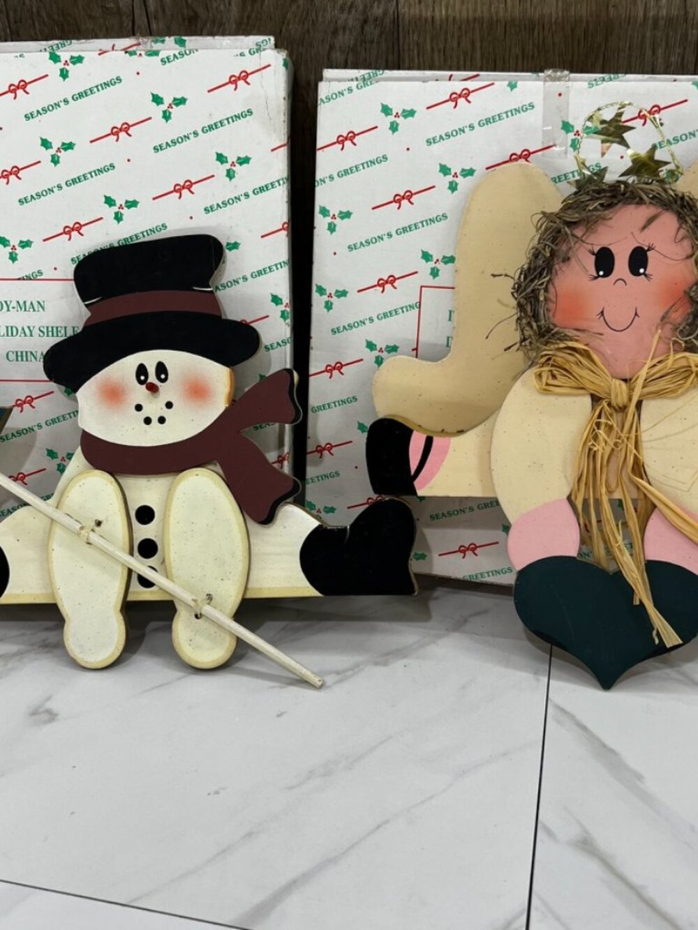 Vtg Wood Snowman & Angel Shelf Sitter Primitive Folk Art Holiday Christmas Décor